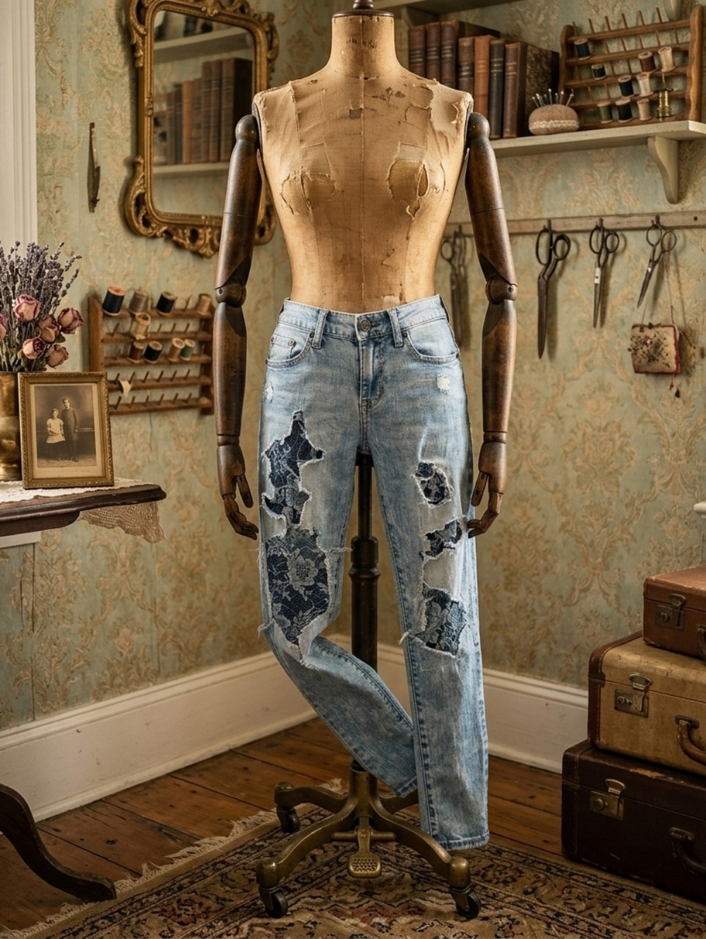 Upcycled Distressed Lace Patchwork Jeans AEO Flex Denim Skinny Boho Festival